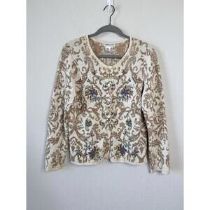 Coldwater Creek Embroidered Floral Tapestry Knit Cardigan Sweater M‎ Boho Artsy